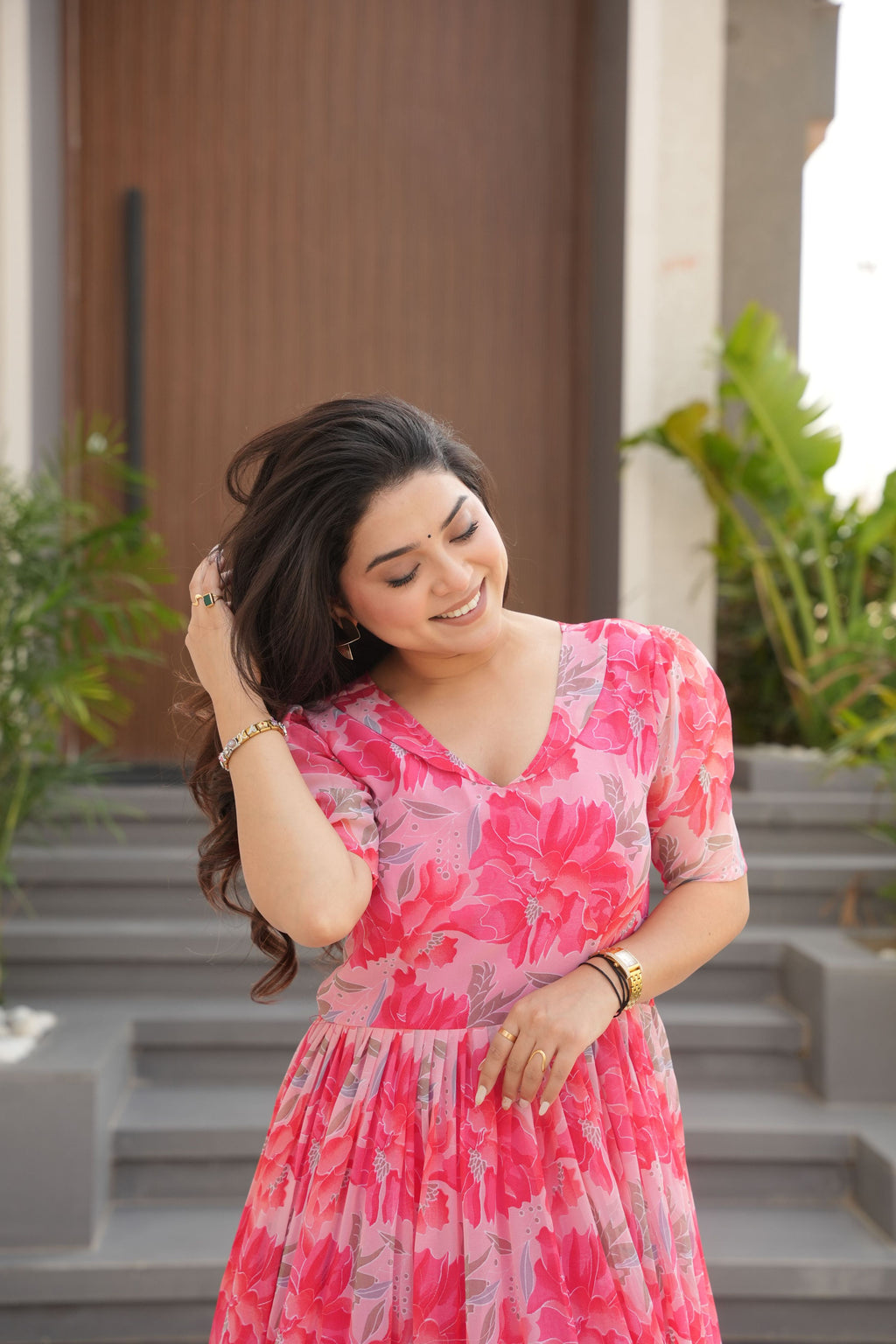 Women's Pink Floral Printed Faux Georgette Long Anarkali Dress