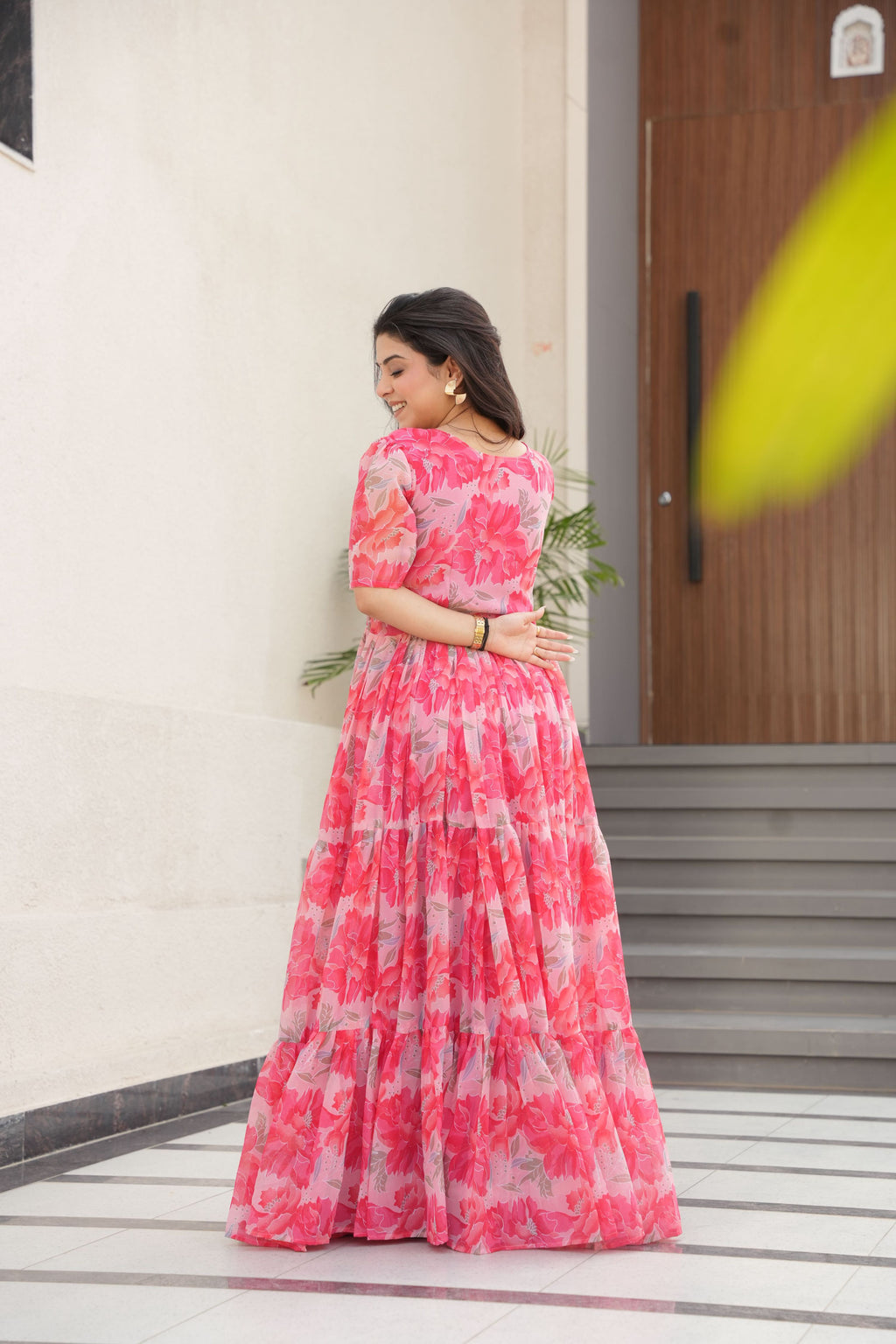 Women's Pink Floral Printed Faux Georgette Long Anarkali Dress