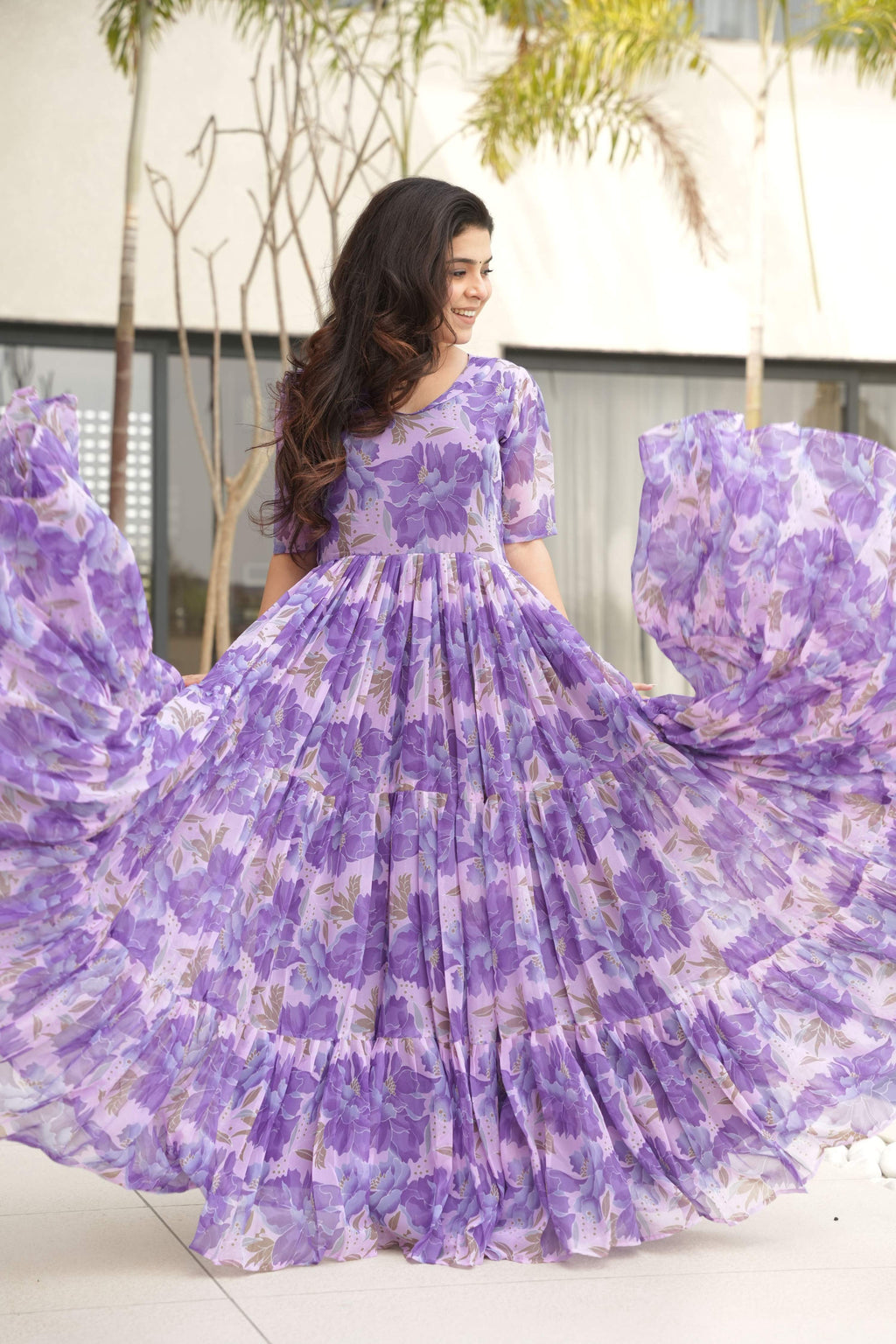Purple Floral Print Faux Georgette Long Anarkali Gown