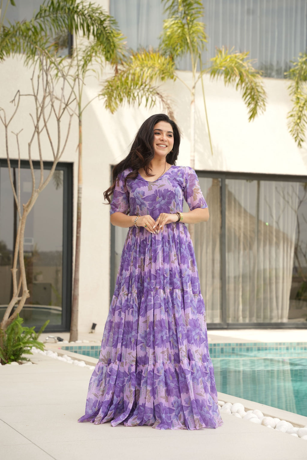 Purple Floral Print Faux Georgette Long Anarkali Gown