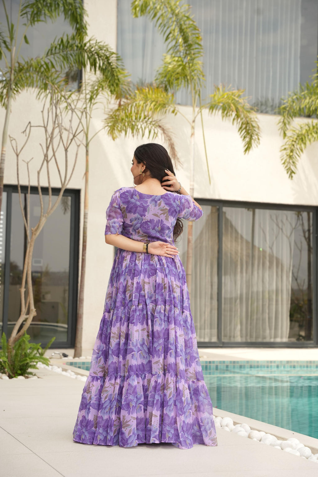 Purple Floral Print Faux Georgette Long Anarkali Gown