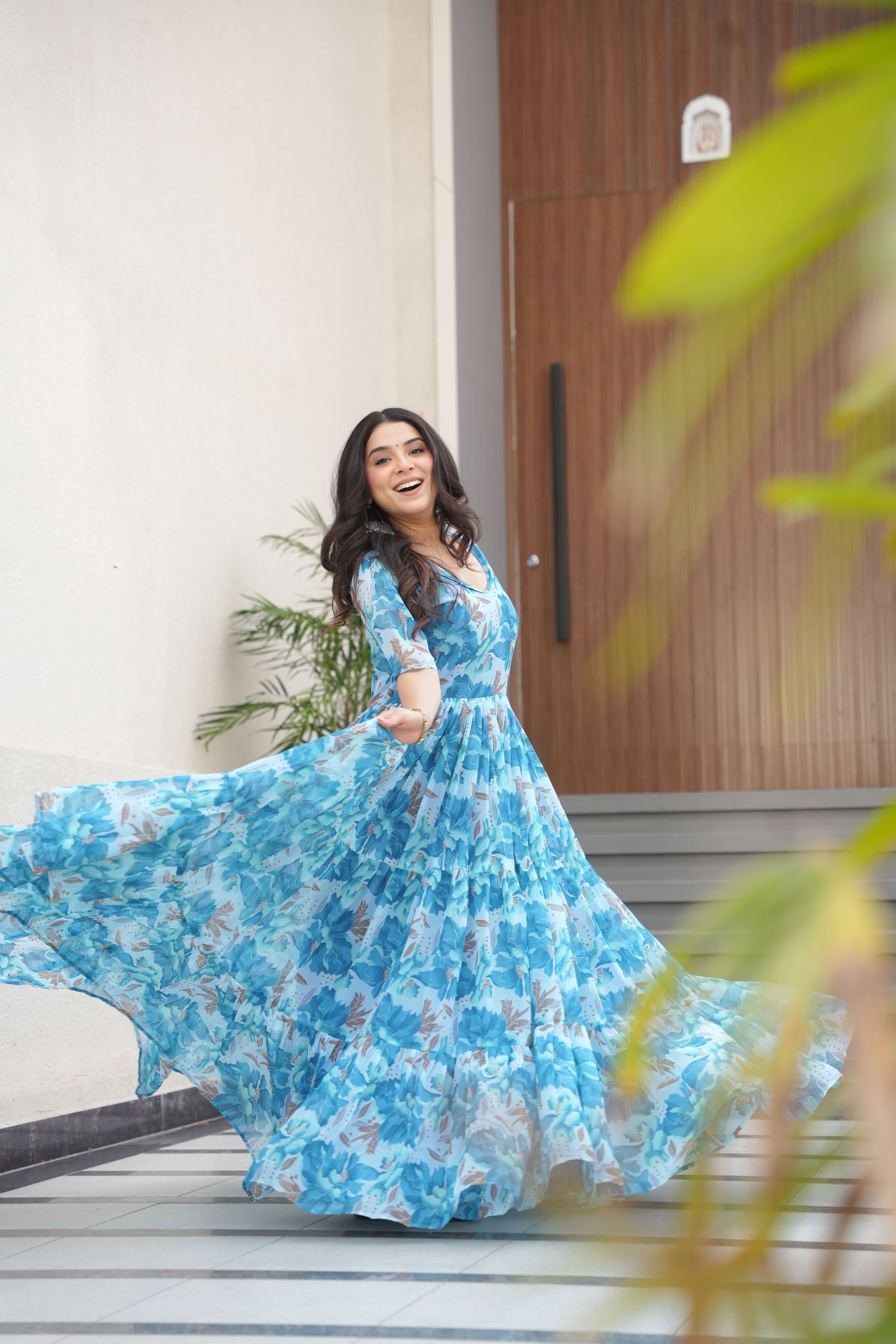 Sky Blue Floral Print Faux Georgette Long Anarkali Gown