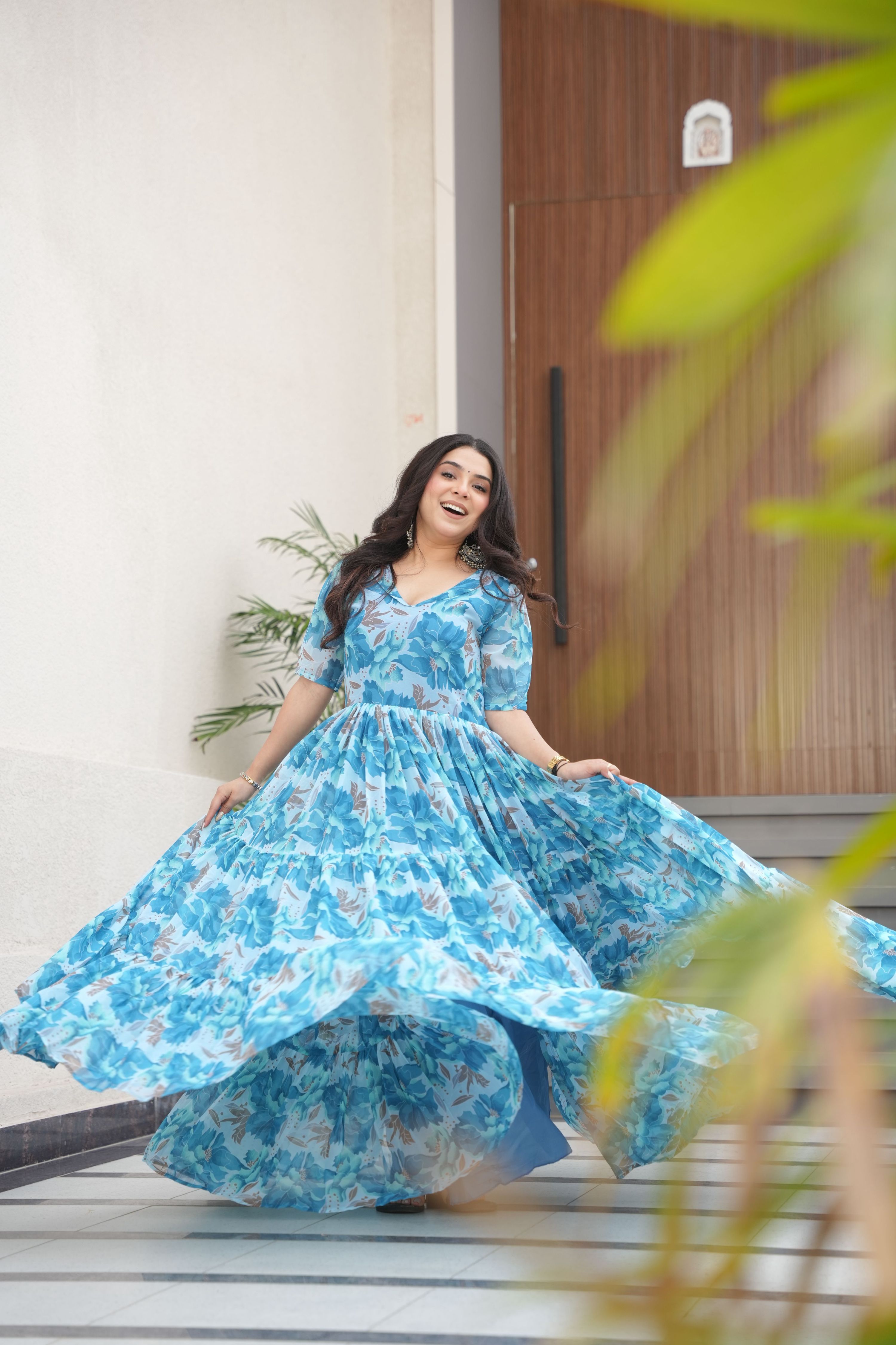 Sky Blue Floral Print Faux Georgette Long Anarkali Gown