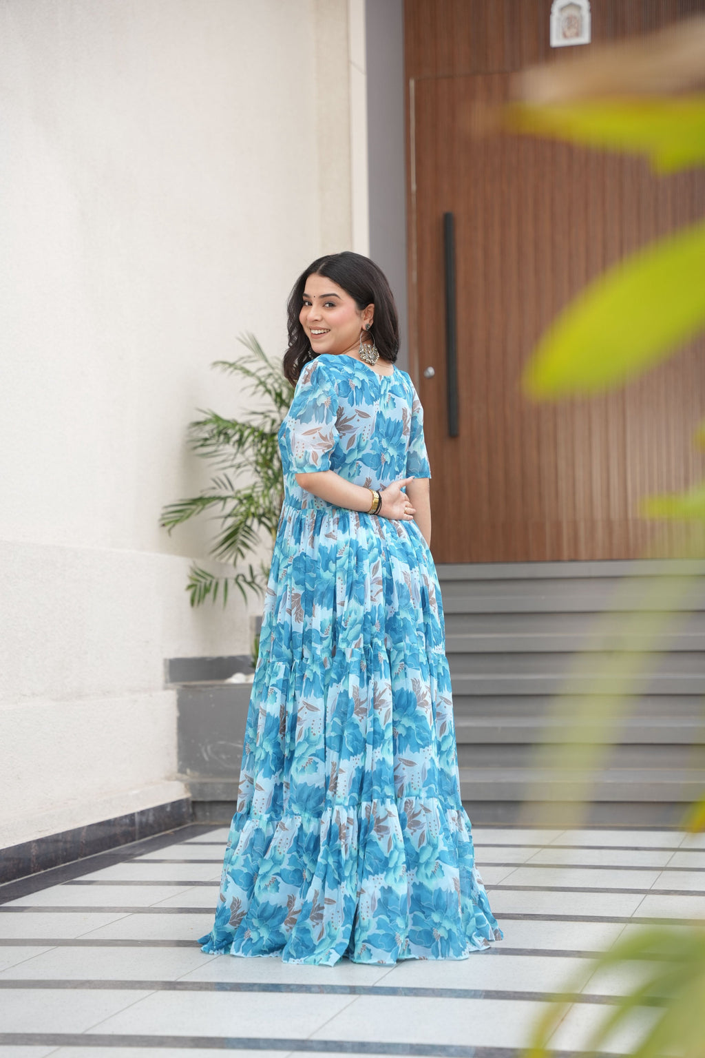Sky Blue Floral Print Faux Georgette Long Anarkali Gown