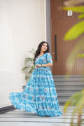 Sky blue faux georgette long Anarkali dress with floral print and wide 12-meter flare
