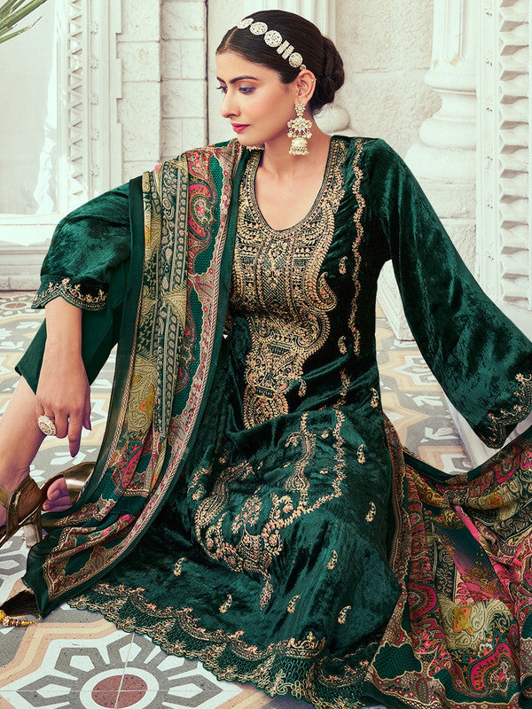Women's Green Velvet Cording Digital Printed Kurta Suit Set