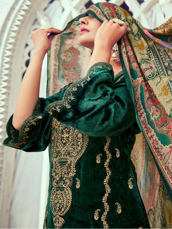 Women's Green Velvet Cording Digital Printed Kurta Suit Set