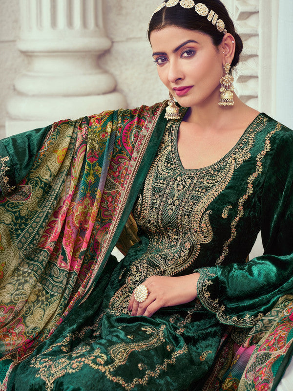 Women's Green Velvet Cording Digital Printed Kurta Suit Set