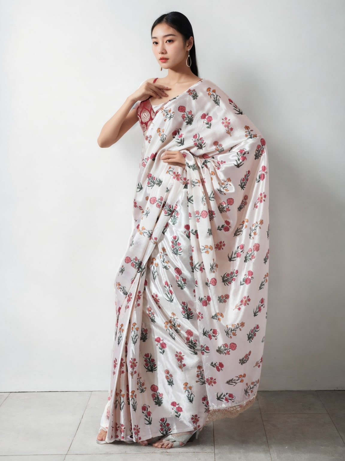 Woman wearing a multicolor Chinon digital printed ready-to-wear saree with lace border detail