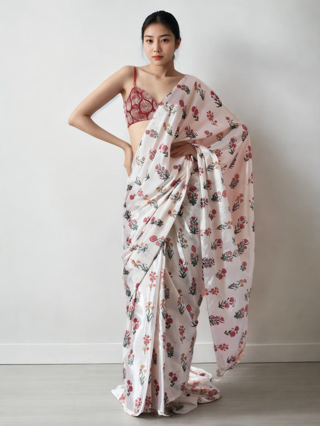 Women's Multicolor Chinon Digital Printed Ready To Wear Saree