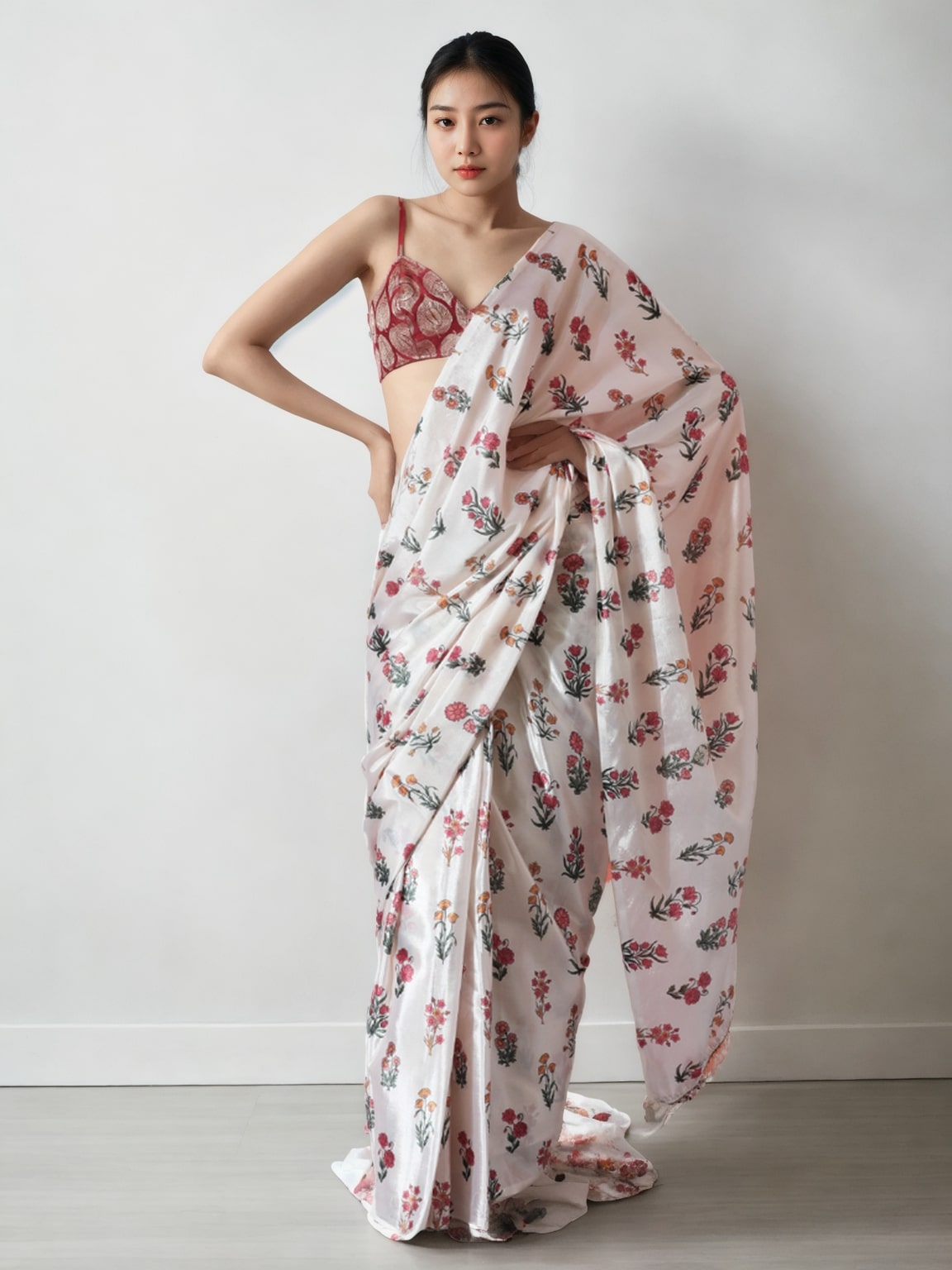 Women's Multicolor Chinon Digital Printed Ready To Wear Saree