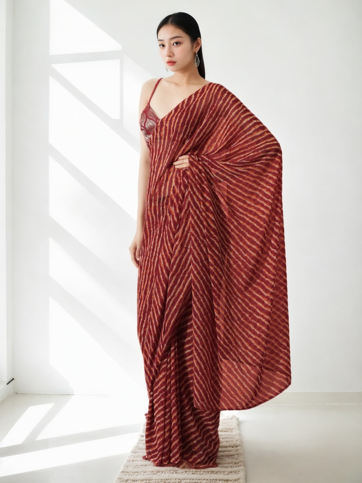 Maroon Marble Chiffon Printed Ready To Wear Saree with Blouse