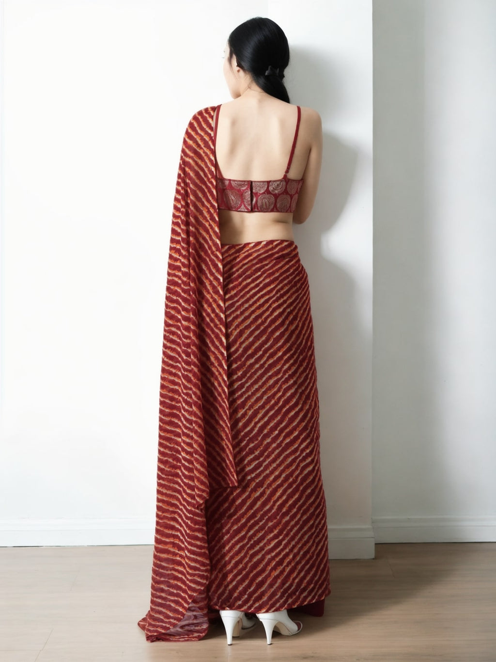 Maroon Marble Chiffon Printed Ready To Wear Saree with Blouse