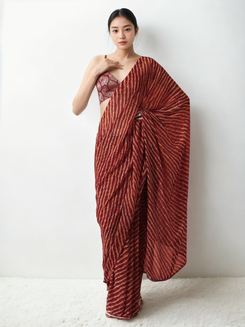 Maroon marble chiffon ready-to-wear saree with matching blouse and printed design