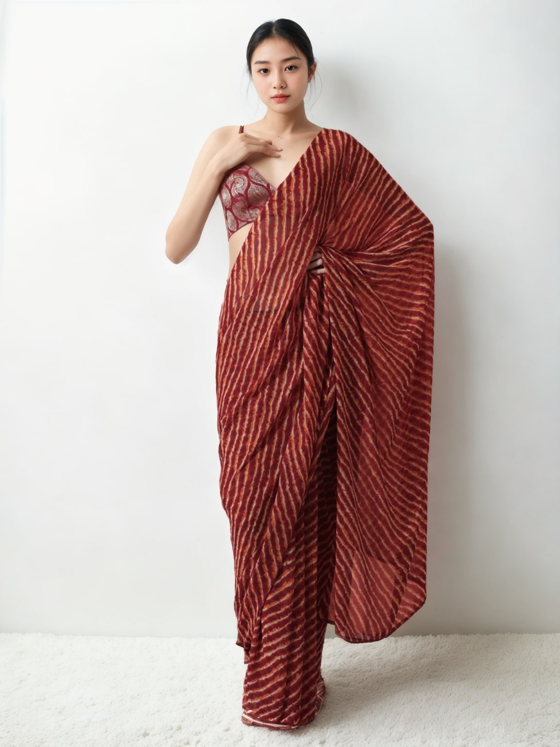 Maroon marble chiffon ready-to-wear saree with matching blouse and printed design