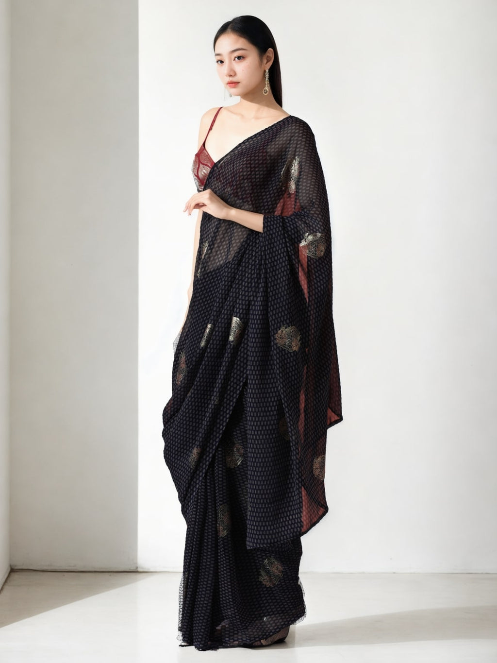 Women's Black Marble Chiffon Ready To Wear Saree with Blouse
