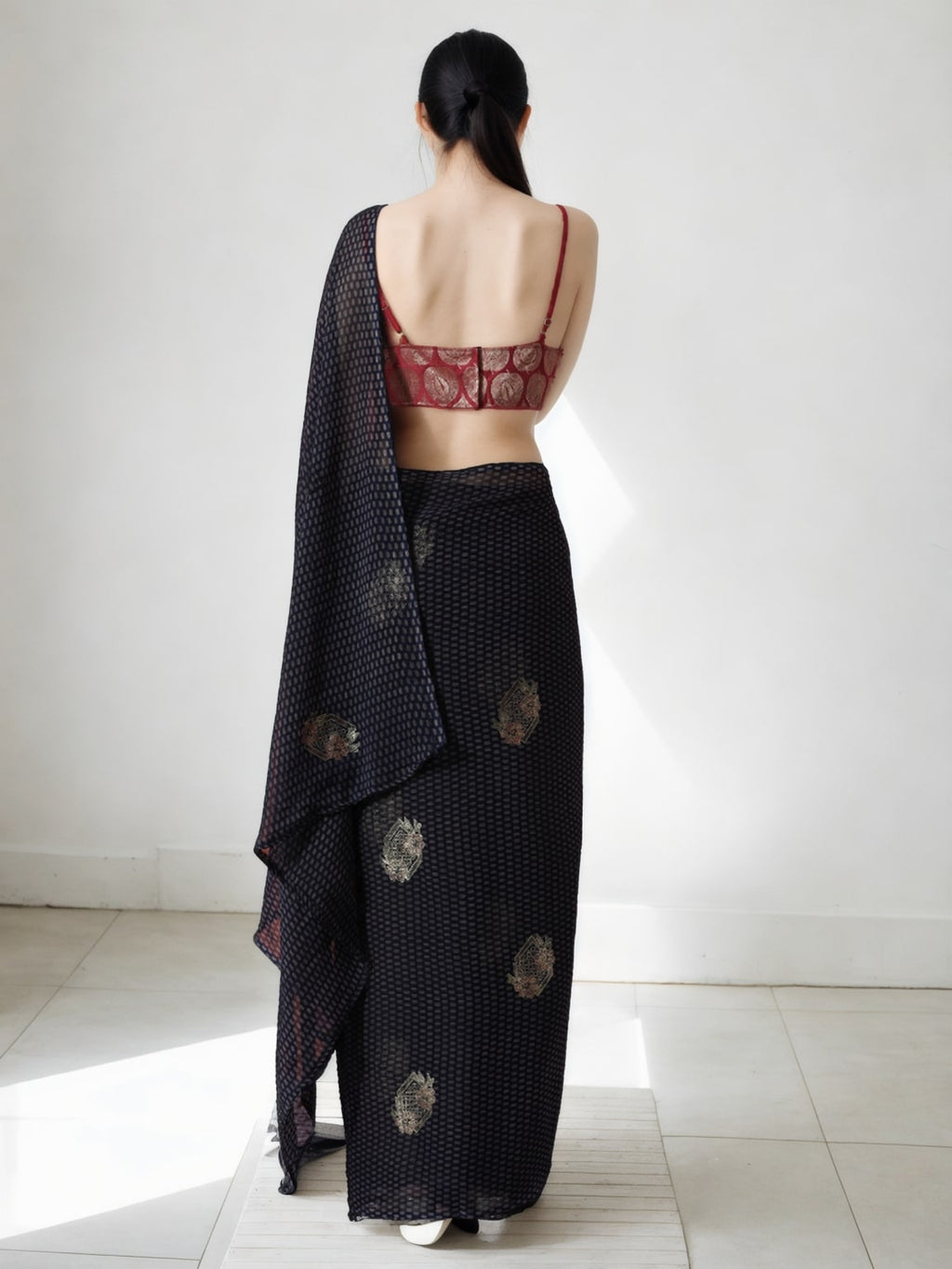 Women's Black Marble Chiffon Ready To Wear Saree with Blouse