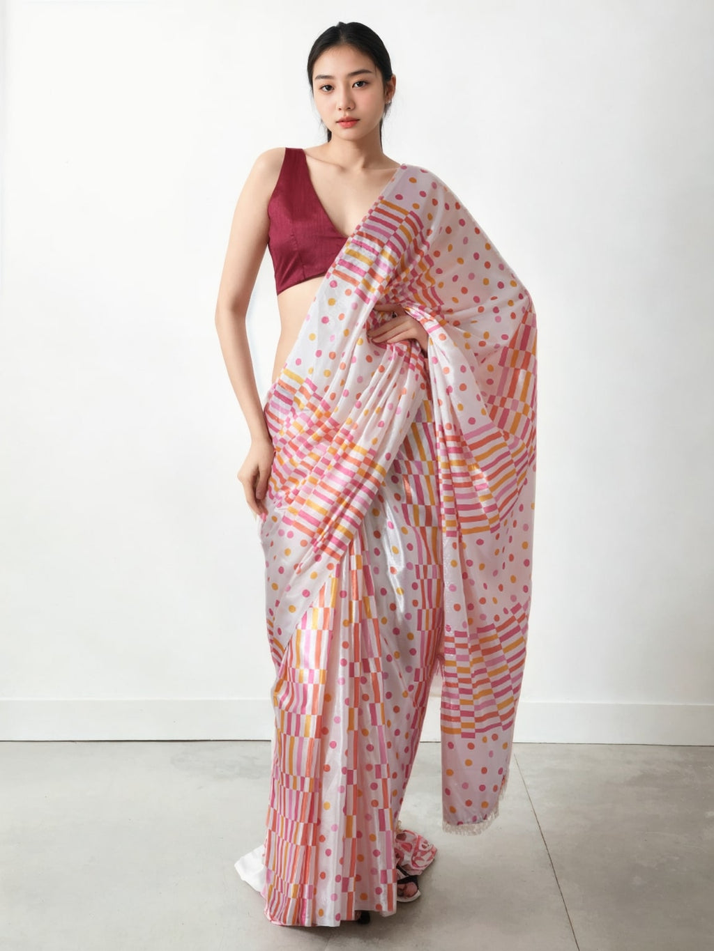 Multicolor digital printed Chinon saree with lace border and ready-to-wear fit