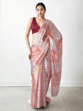 Multicolor digital printed Chinon saree with lace border and ready-to-wear fit