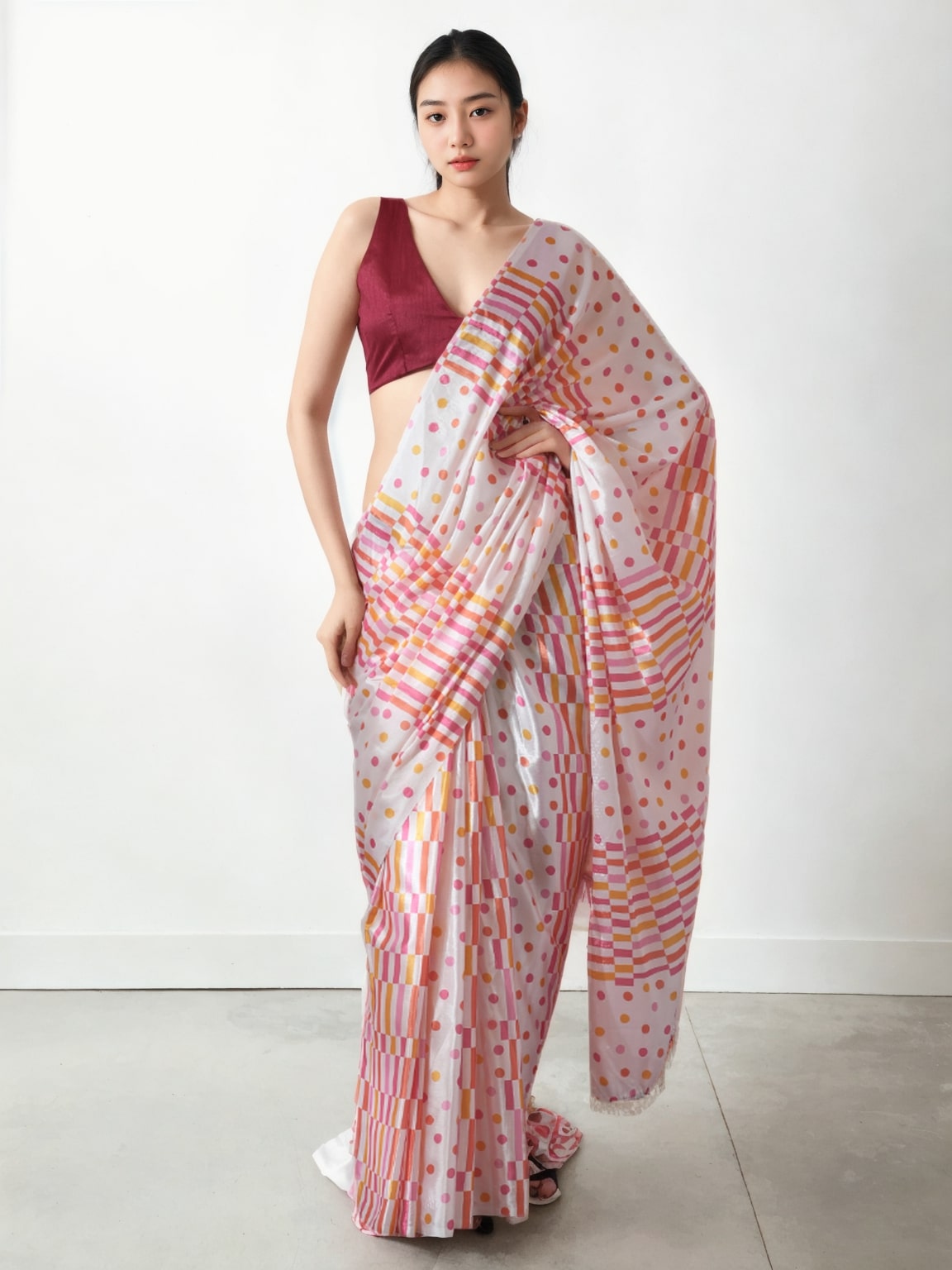 Multicolor digital printed Chinon saree with lace border and ready-to-wear fit