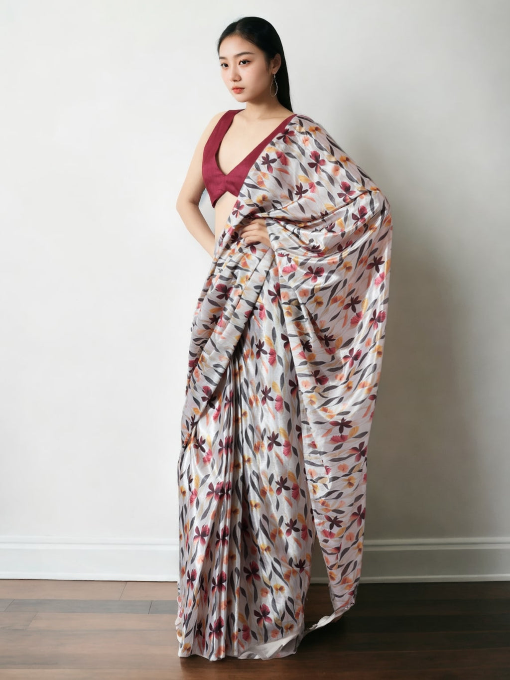 Jyoti Fashion Women's Multicolor Chinon Digital Printed Ready To Wear Saree with Blouse