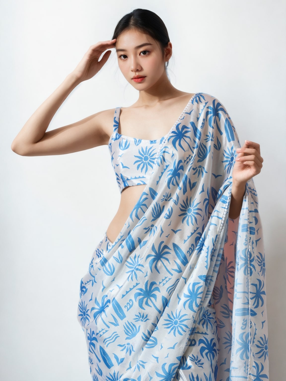 Sky Blue Chinon Ready to Wear Saree with Digital Print and Lace