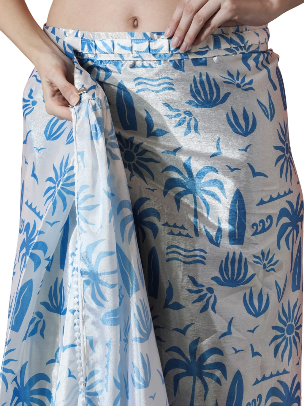 Sky Blue Chinon Ready to Wear Saree with Digital Print and Lace