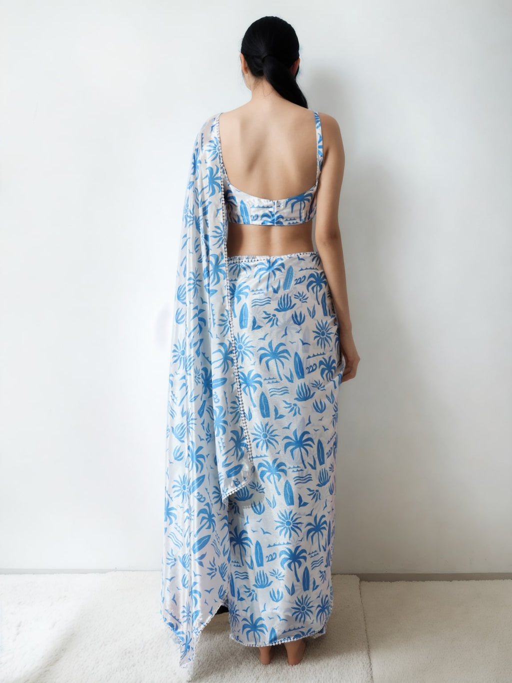 Sky Blue Chinon Ready to Wear Saree with Digital Print and Lace