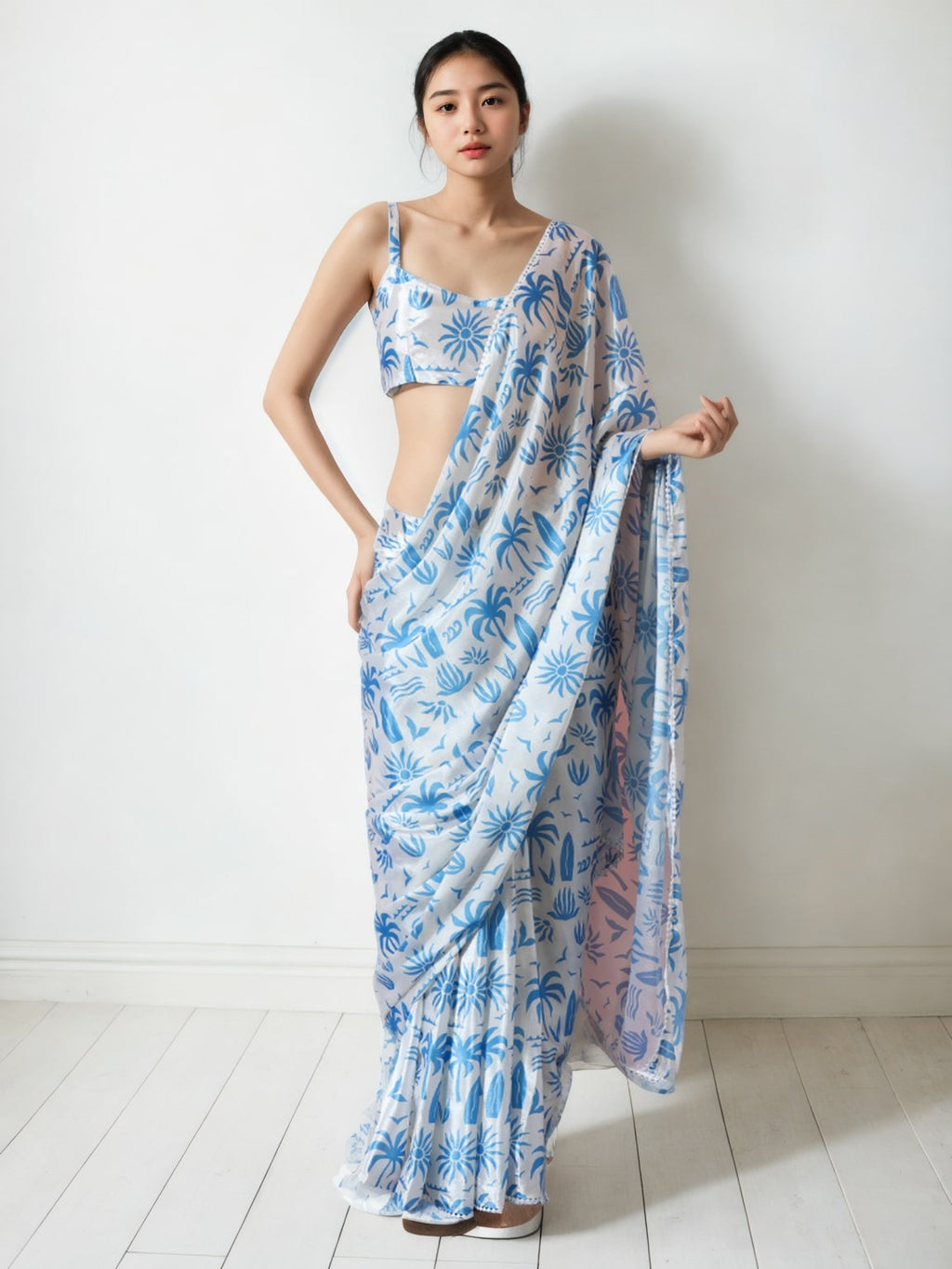 Sky Blue Chinon ready-to-wear saree with digital floral print and a delicate lace border.