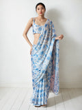 Sky Blue Chinon ready-to-wear saree with digital floral print and a delicate lace border.