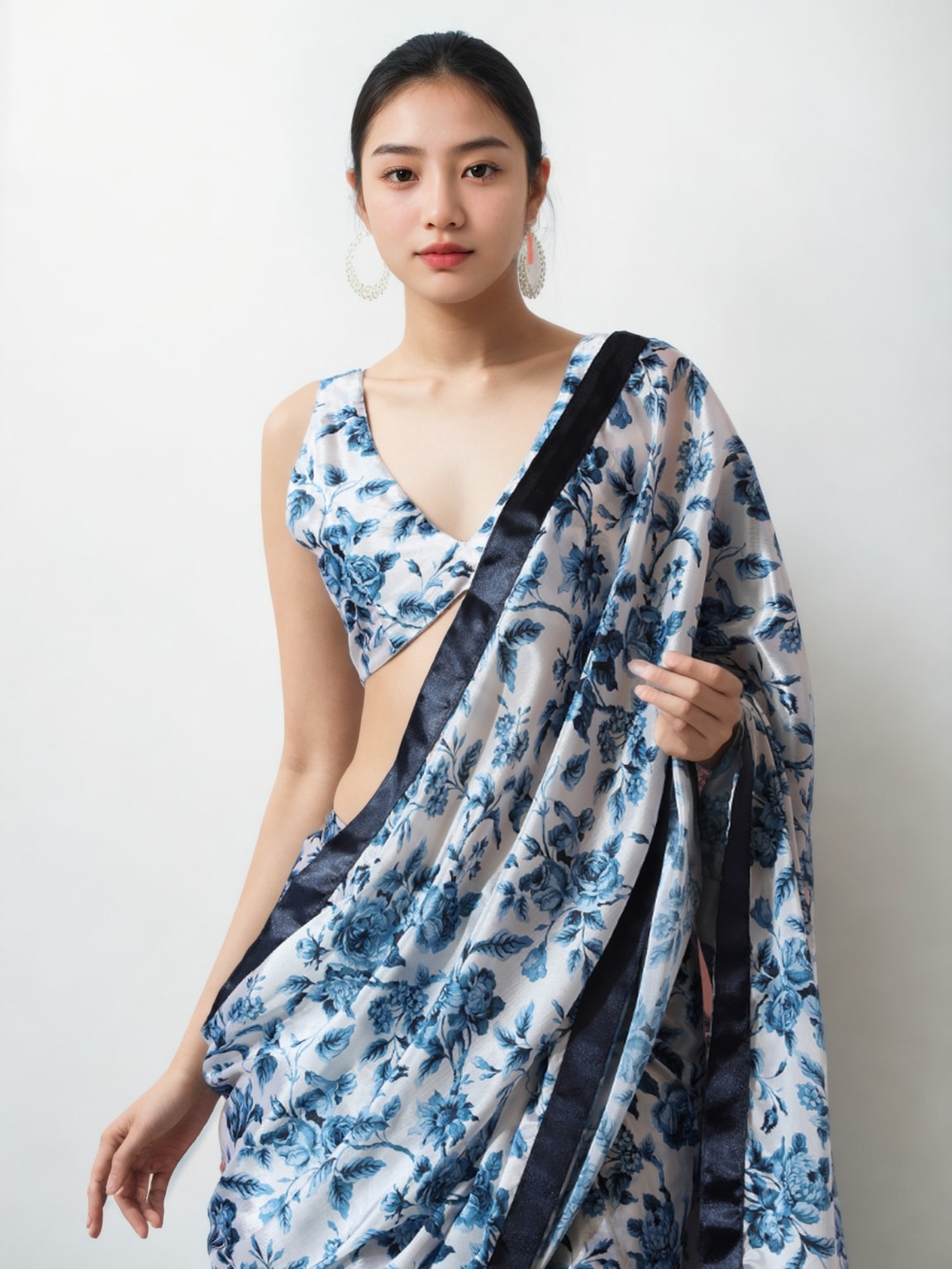 Jyoti Fashion Women's Navy Blue Chinon Digital Printed Ready To Wear Saree with Blouse