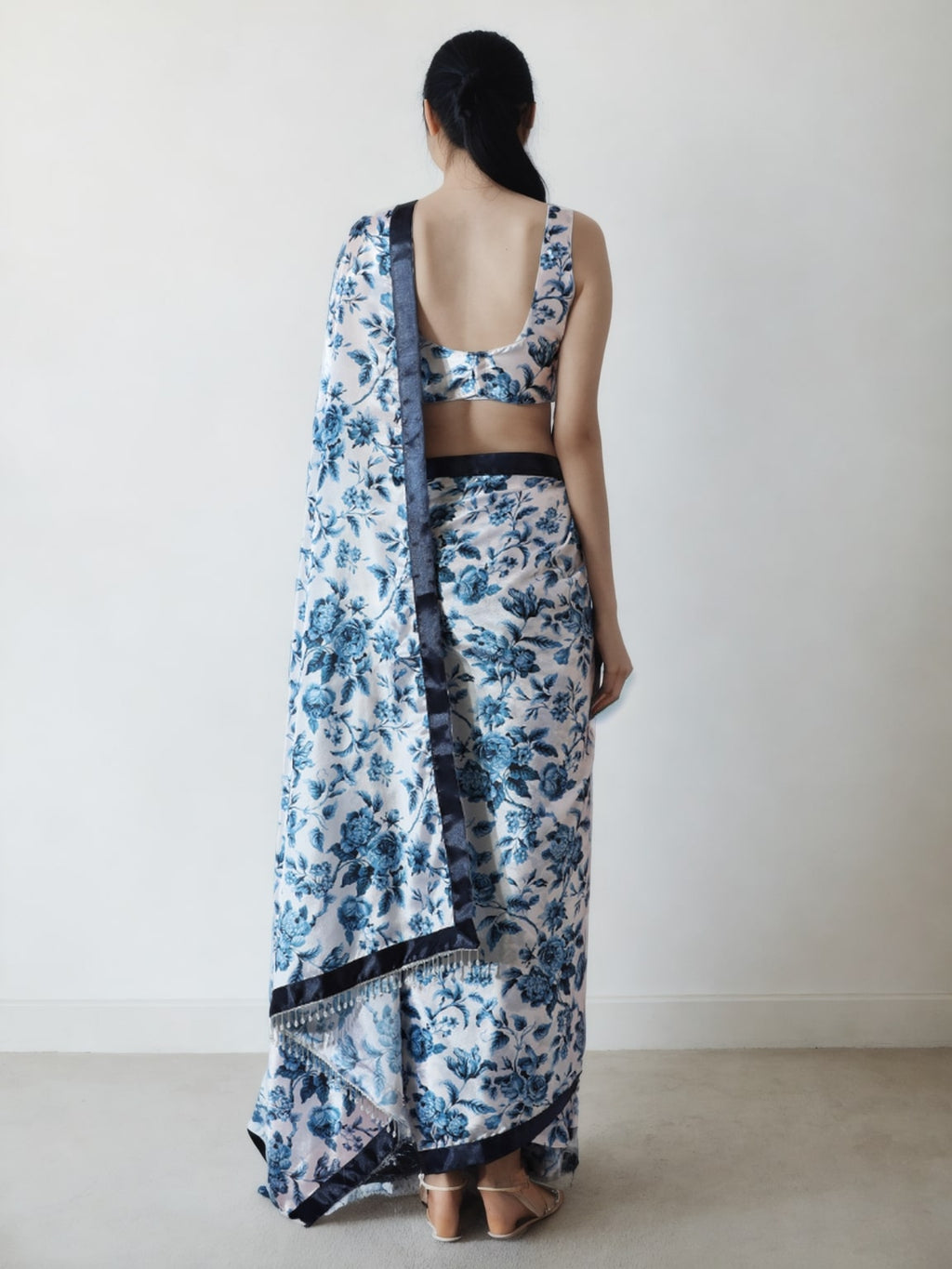 Jyoti Fashion Women's Navy Blue Chinon Digital Printed Ready To Wear Saree with Blouse