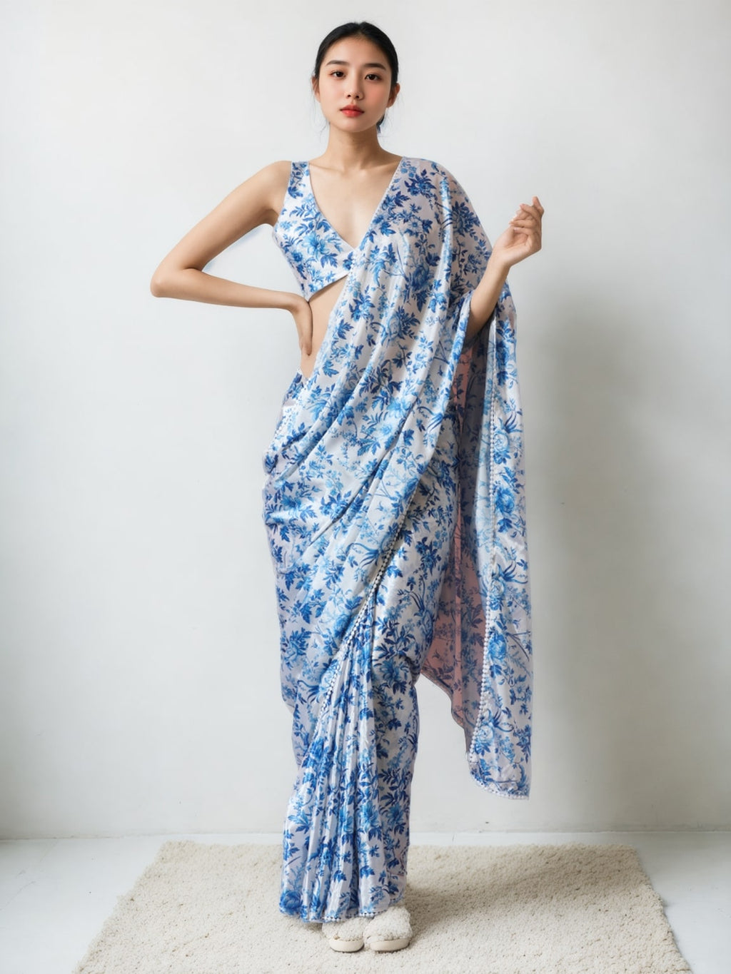 Jyoti Fashion Women's Blue Chinon Digital Printed Ready To Wear Saree with Blouse