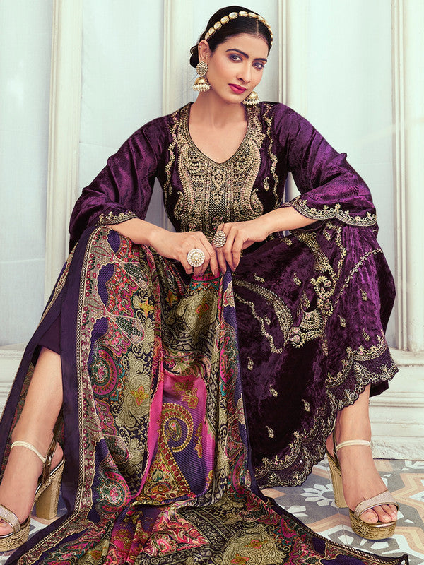 Women's Purple Velvet Straight Kurta Set with Digital Print