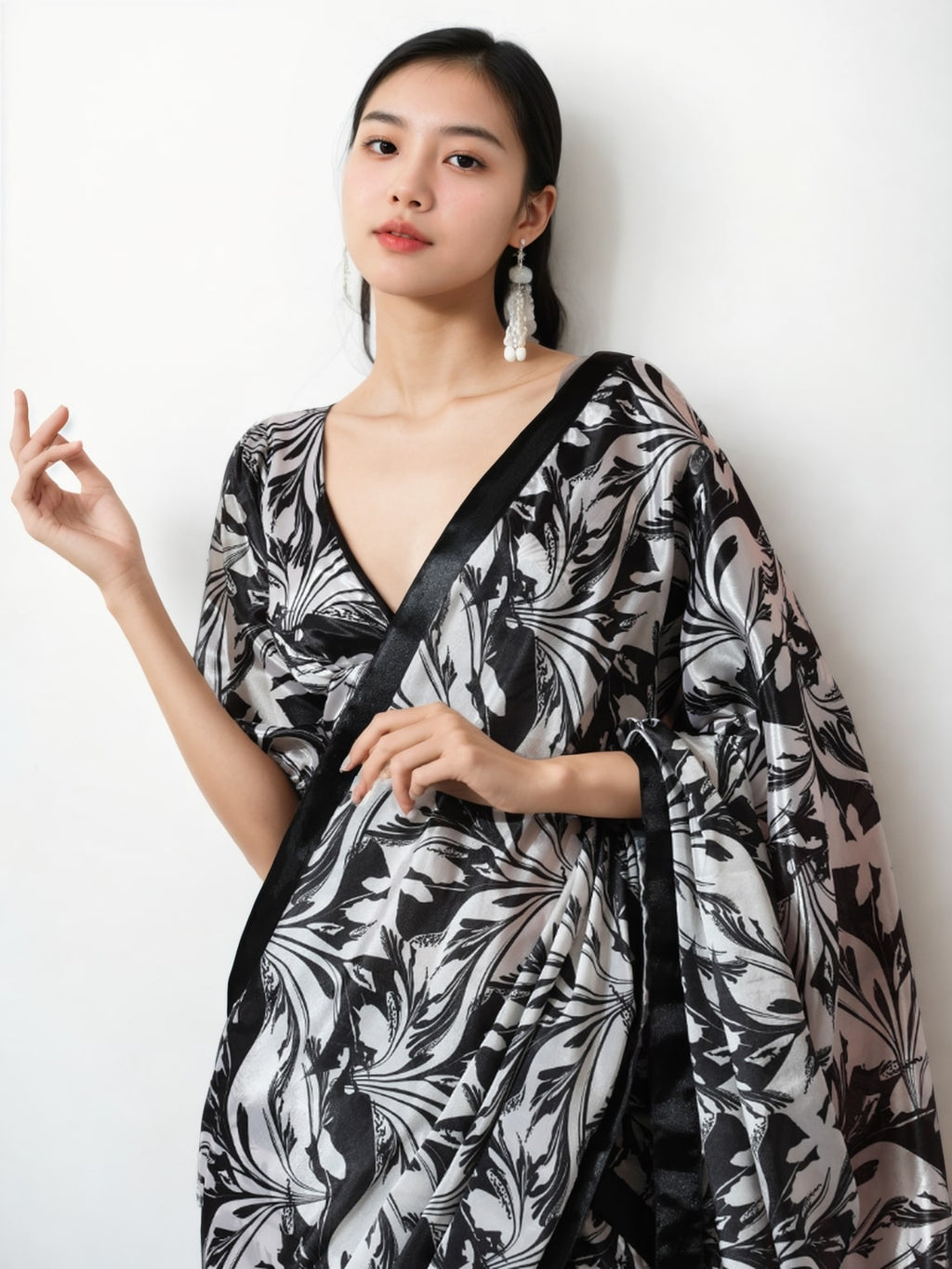 Black Chinon Digital Printed Ready to Wear Saree with Blouse