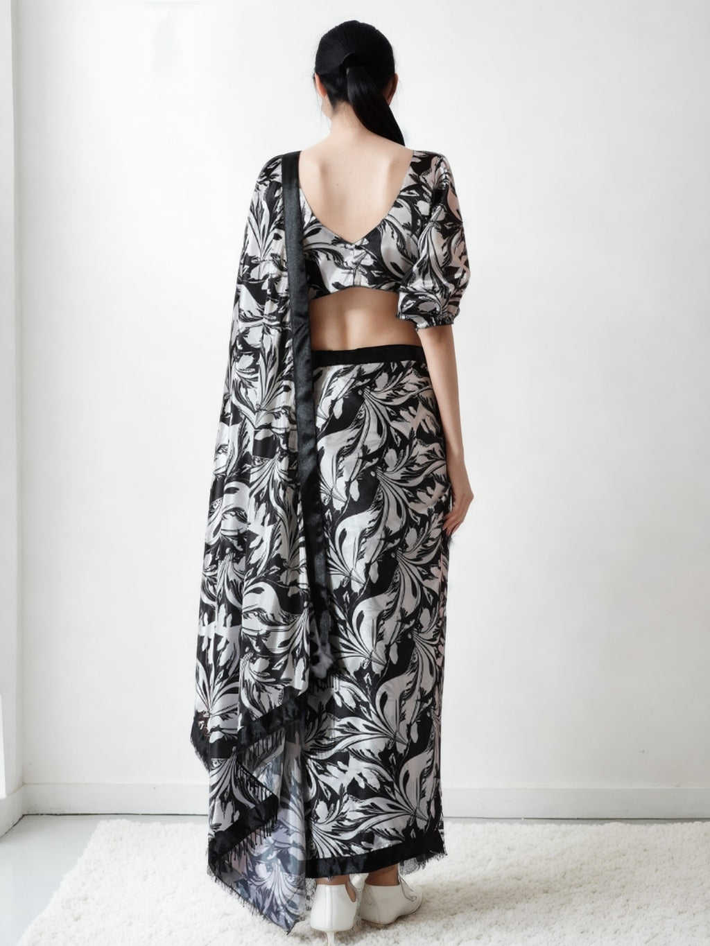 Black Chinon Digital Printed Ready to Wear Saree with Blouse