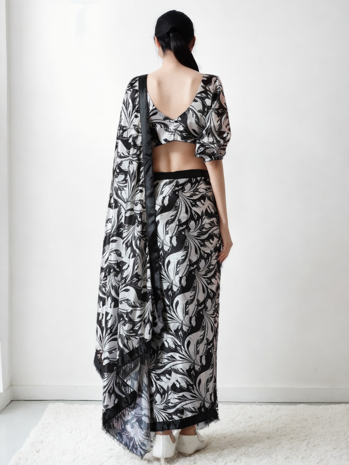 Black Chinon Digital Printed Ready to Wear Saree with Blouse