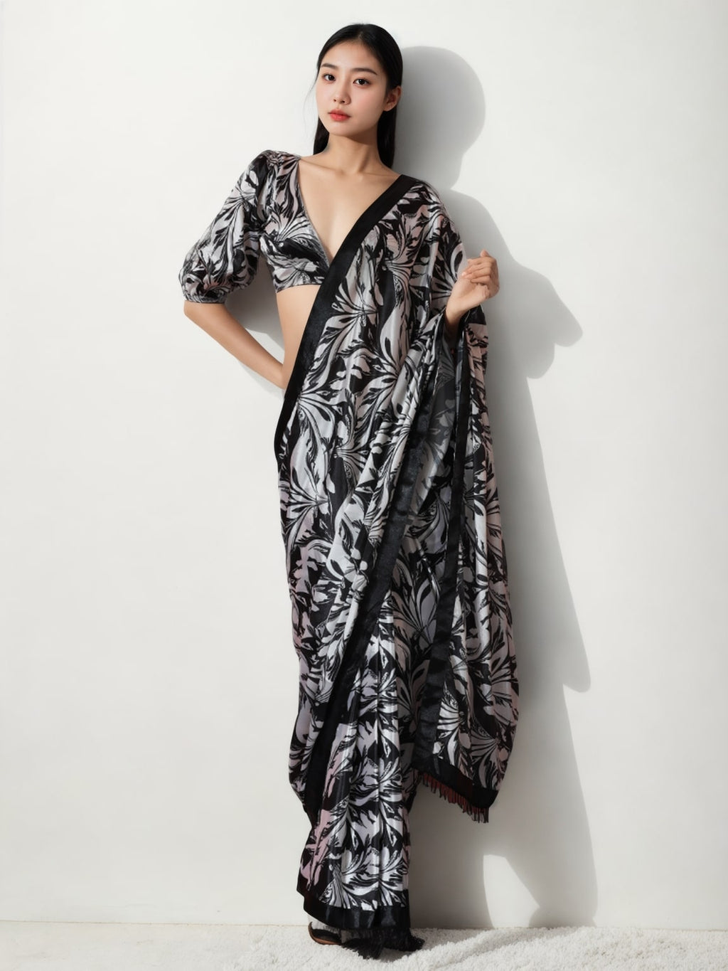 Black Chinon ready to wear saree featuring digital print and lace border