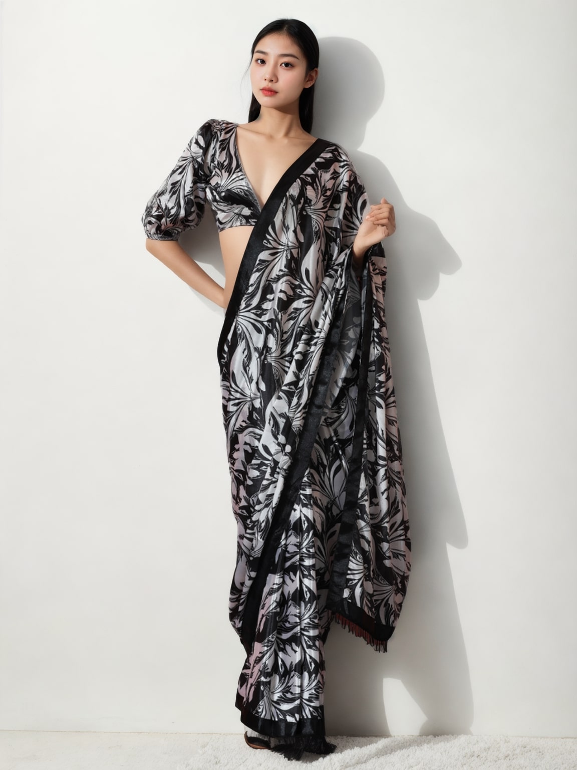 Black Chinon ready to wear saree featuring digital print and lace border