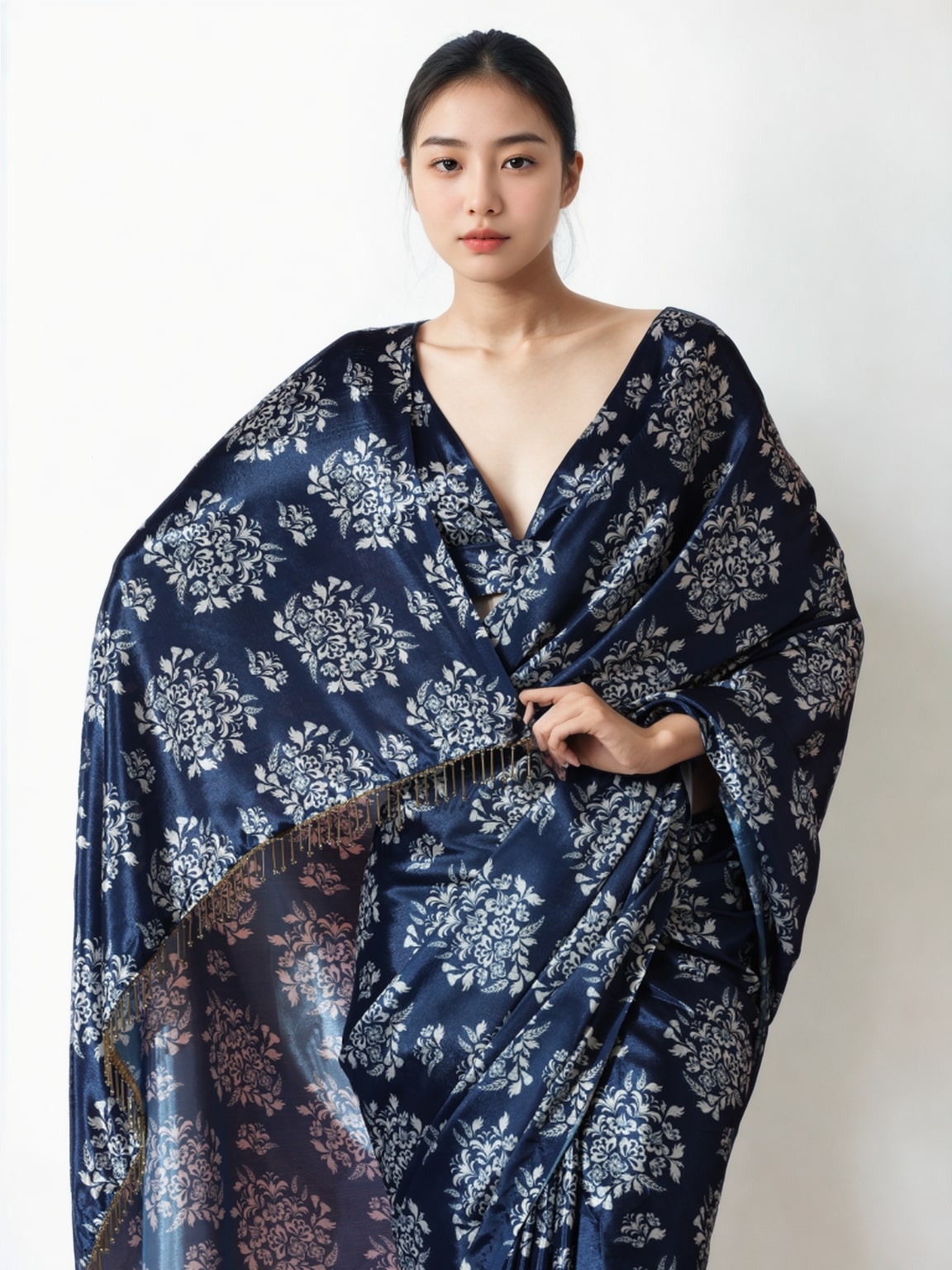Navy Blue Chinon Ready to Wear Saree with Digital Print and Lace