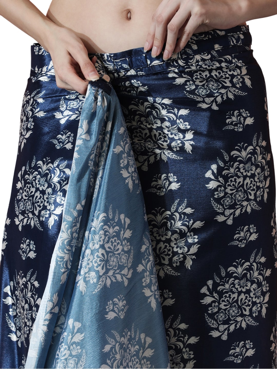 Navy Blue Chinon Ready to Wear Saree with Digital Print and Lace