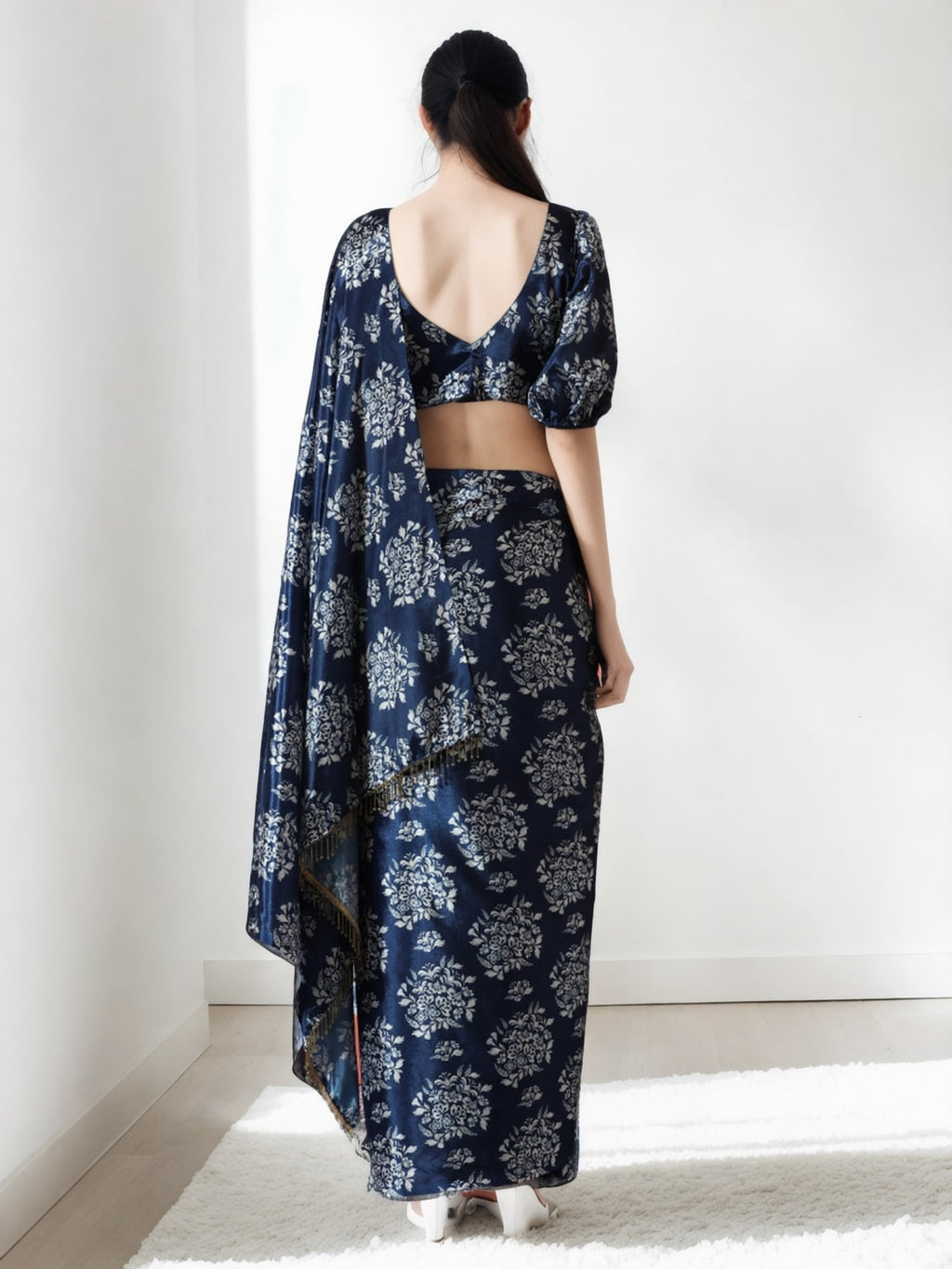 Navy Blue Chinon Ready to Wear Saree with Digital Print and Lace