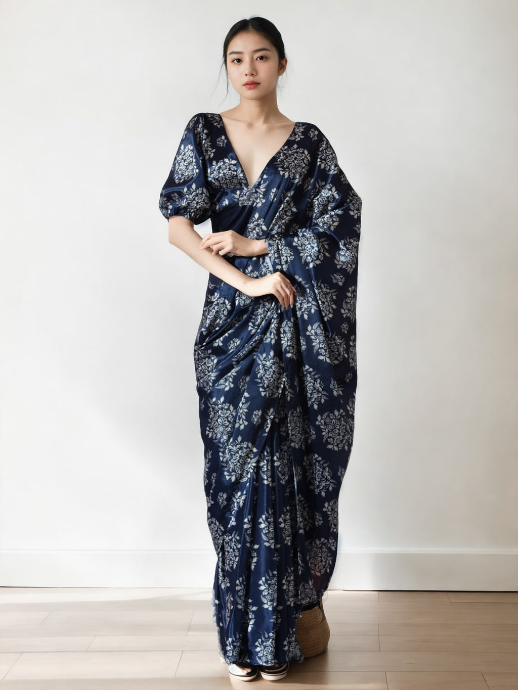 Navy Blue Chinon ready-to-wear saree featuring elegant digital prints and a delicate lace border.