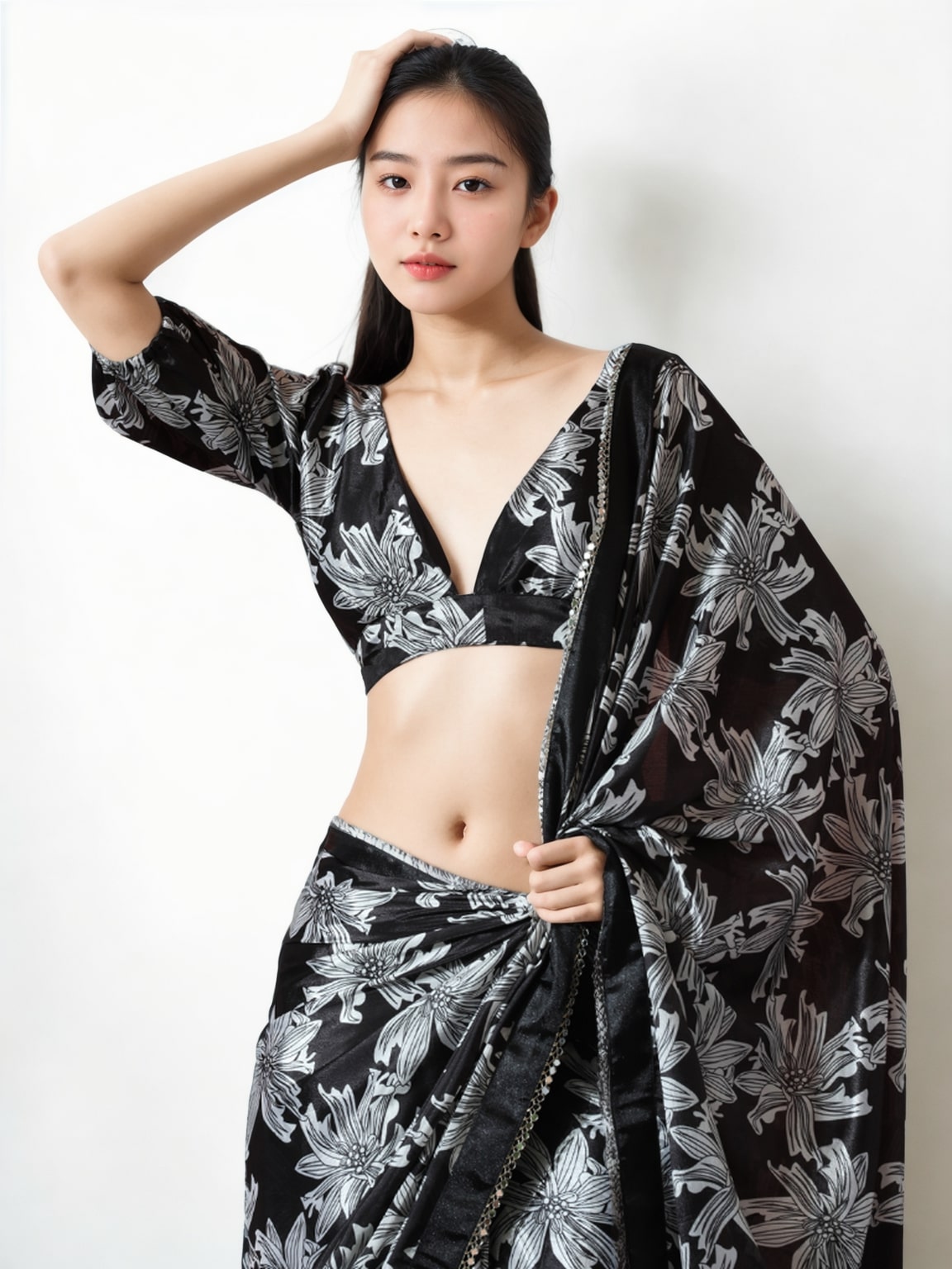 Jyoti Fashion Women's Black Chinon Digital Printed Ready To Wear Saree with Blouse