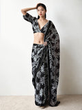 Jyoti Fashion Women's Black Chinon Digital Printed Ready To Wear Saree with Blouse