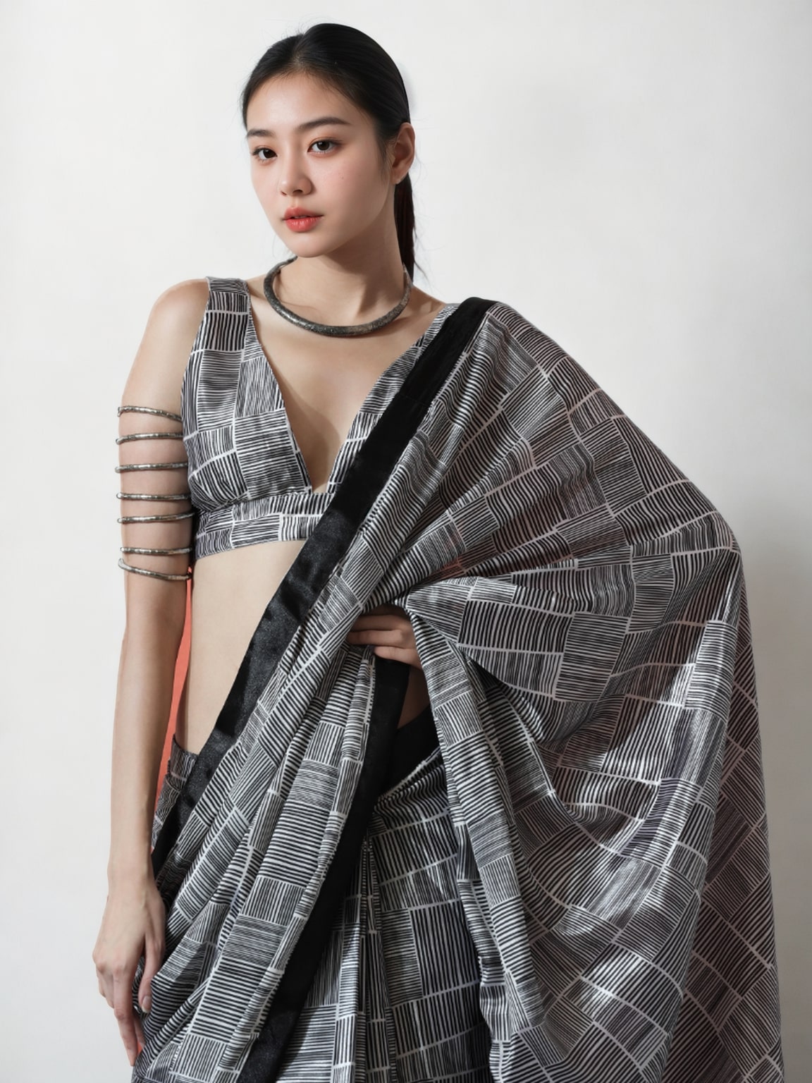 Grey Chinon Digital Printed Ready to Wear Saree with Blouse
