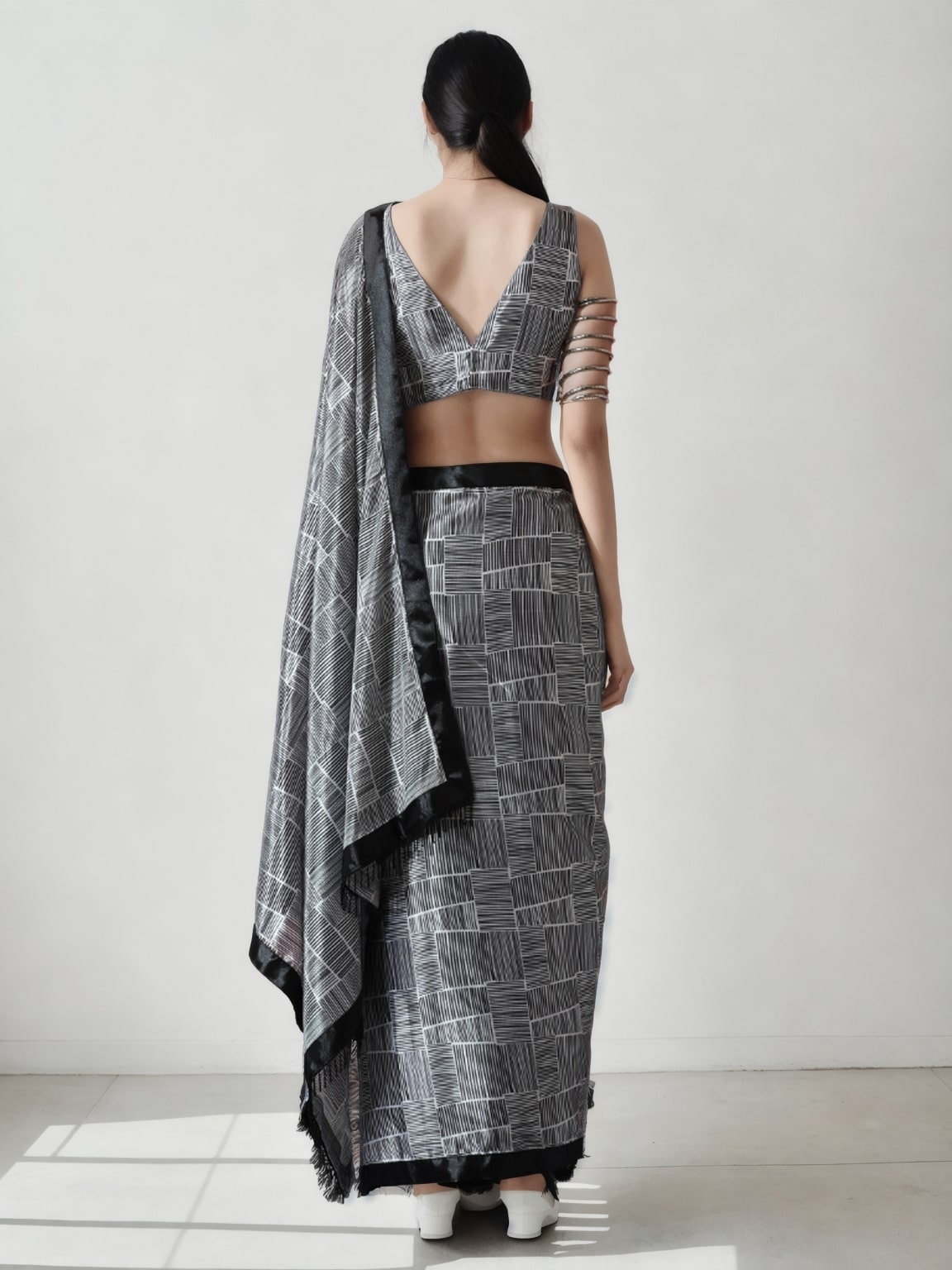 Grey Chinon Digital Printed Ready to Wear Saree with Blouse