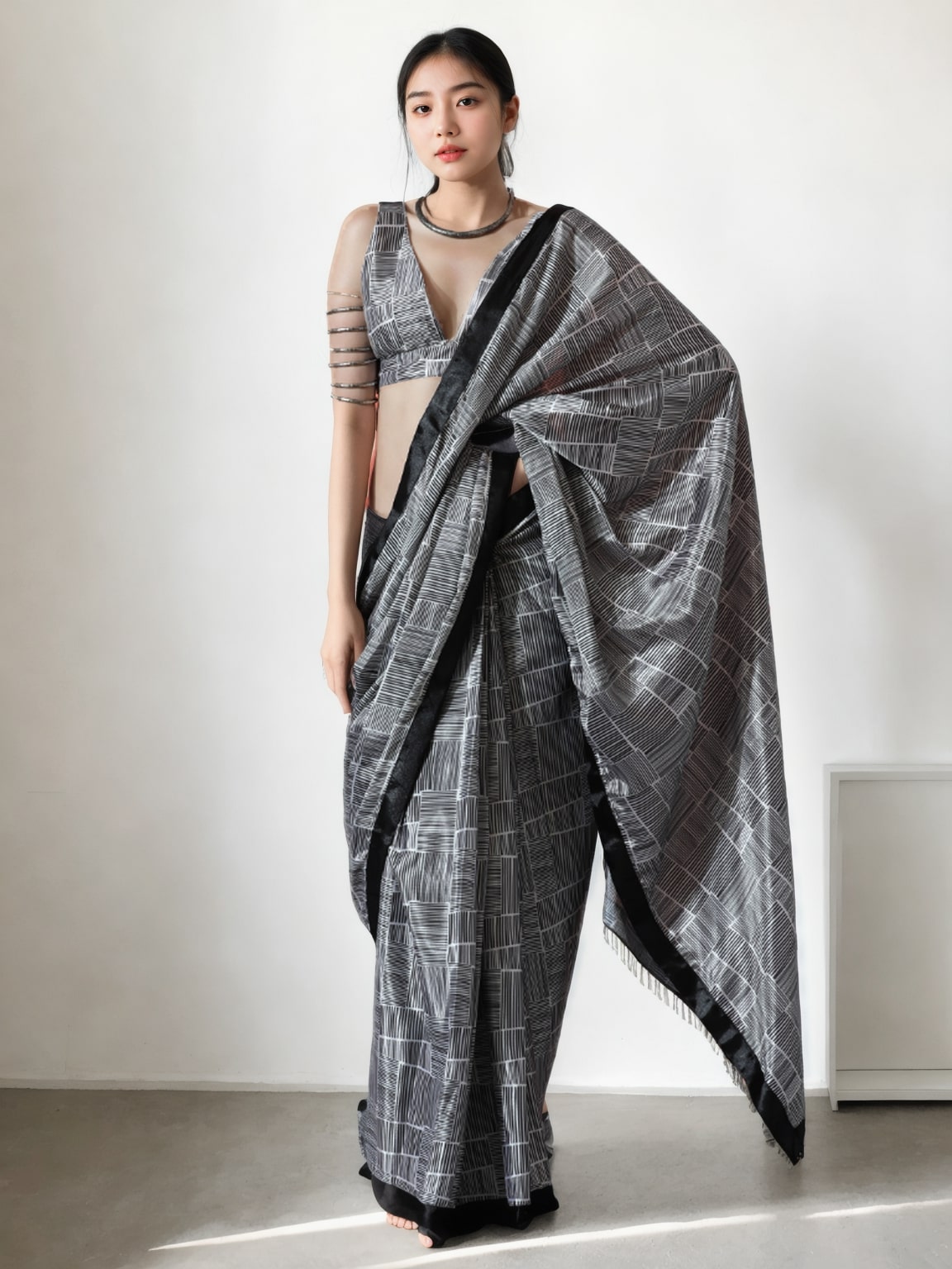 Elegant grey Chinon digital printed pre-stitched saree with matching blouse