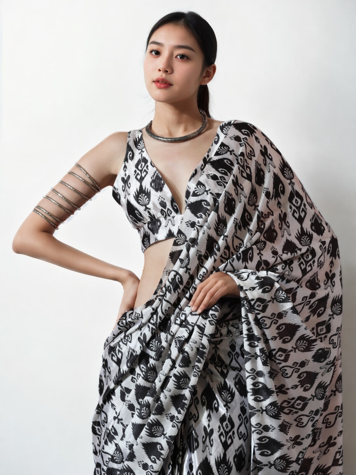Jyoti Fashion Women's Black Chinon Digital Printed Ready To Wear Saree with Blouse