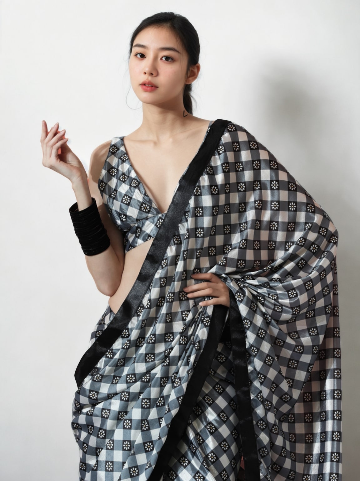 Jyoti Fashion Women's Grey Chinon Digital Printed Ready To Wear Saree with Blouse